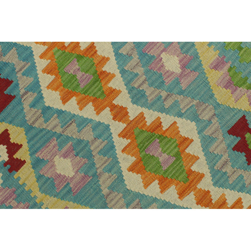 Hand-Woven Blue and Multicolor Wool Geometric Runner Rug