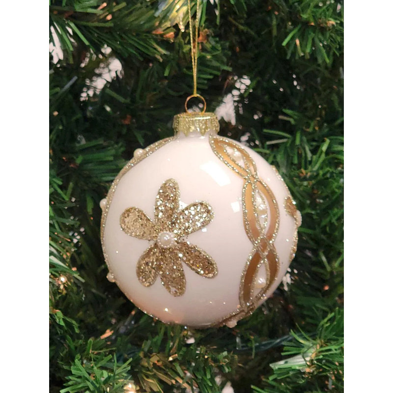  Ornement de Noël boule blanche en verre fleur d'or F07M7-30-LH76-23098
