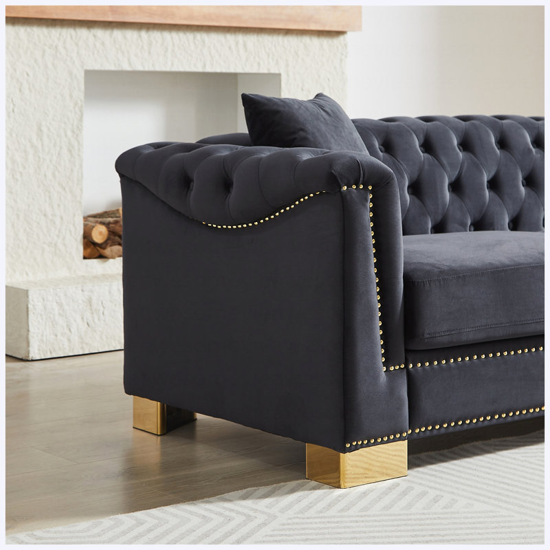 Canapé Chesterfield 62 po 62 po, Velours noir et bleu
