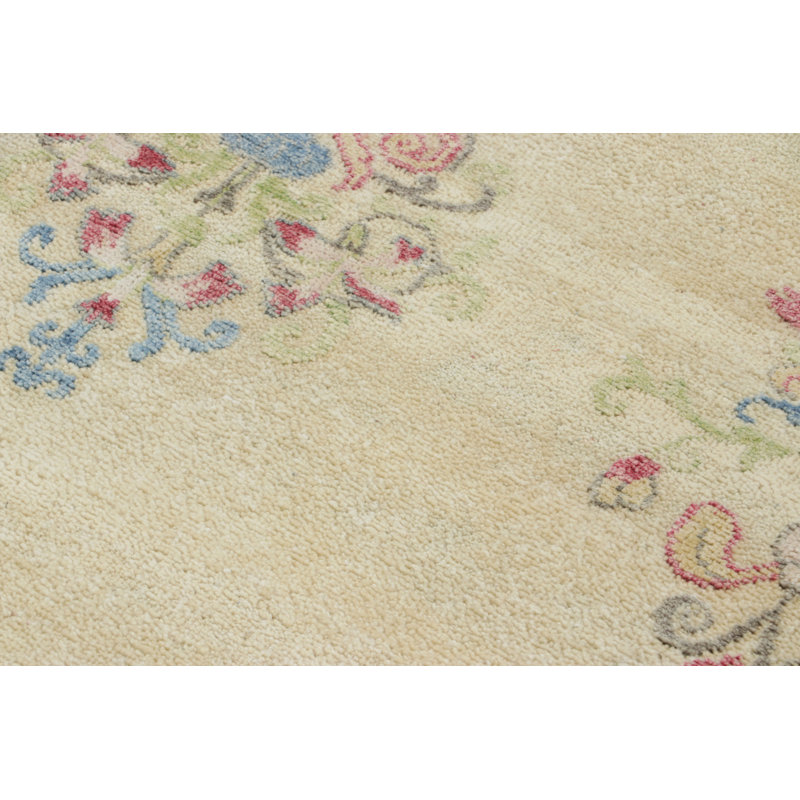 Rug & Kilim’S Block Print Rug, Cream White With Whimsical Multi-Colored Florals