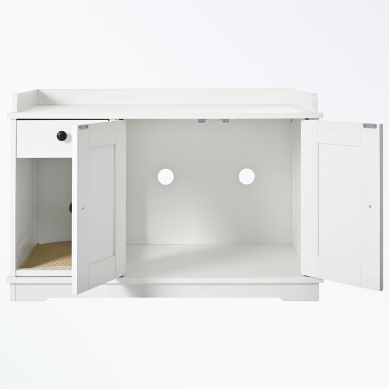 Enceinte de litière pour chat avec tapis de litière pour chat et table d'appoint avec tiroir de rangement