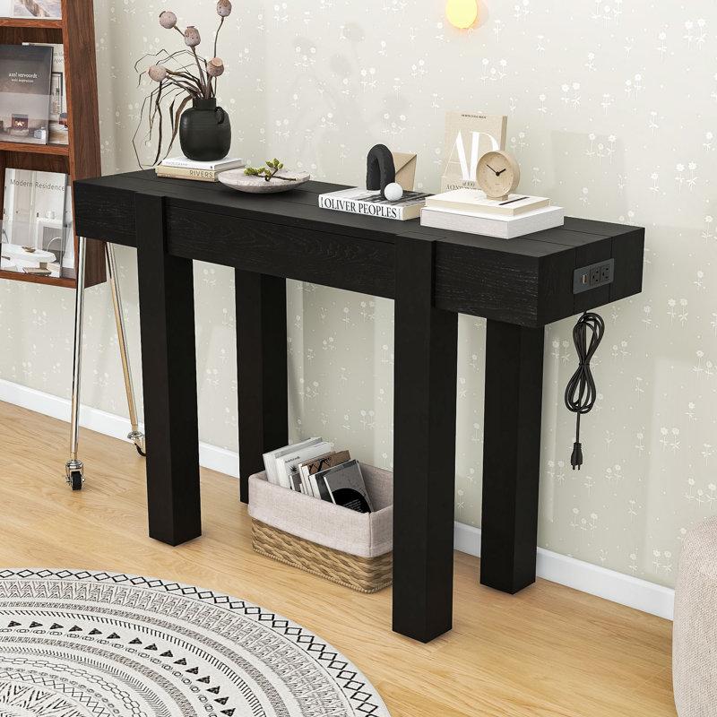 Console moderne en bois avec prises de courant intégrées et tiroir de rangement spacieux, Noir