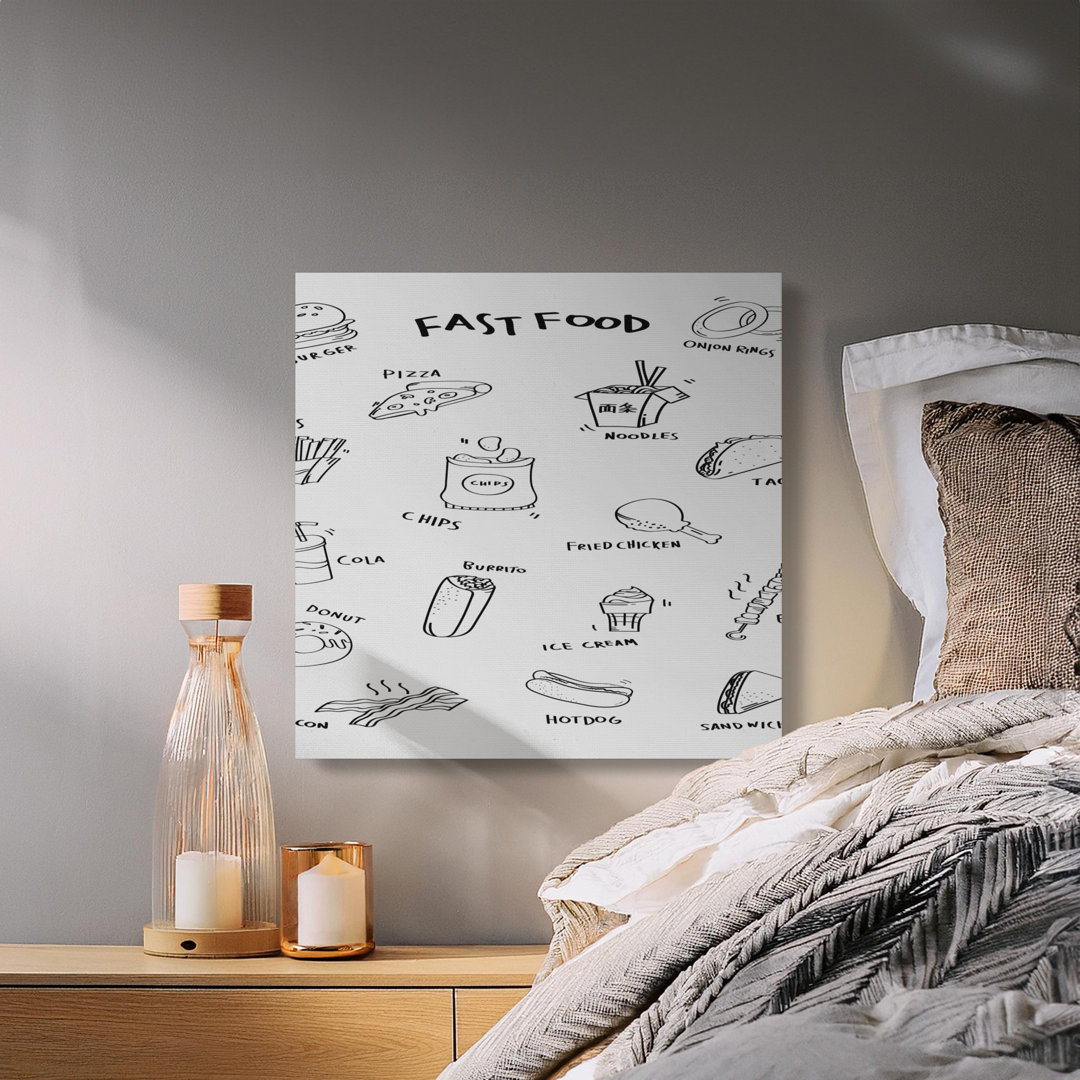 Fast Food Doodle Kitchen Decor Canvas Print | Playful Black and White Snack Lover Wall Art for Dorm Room or Cafe Gift