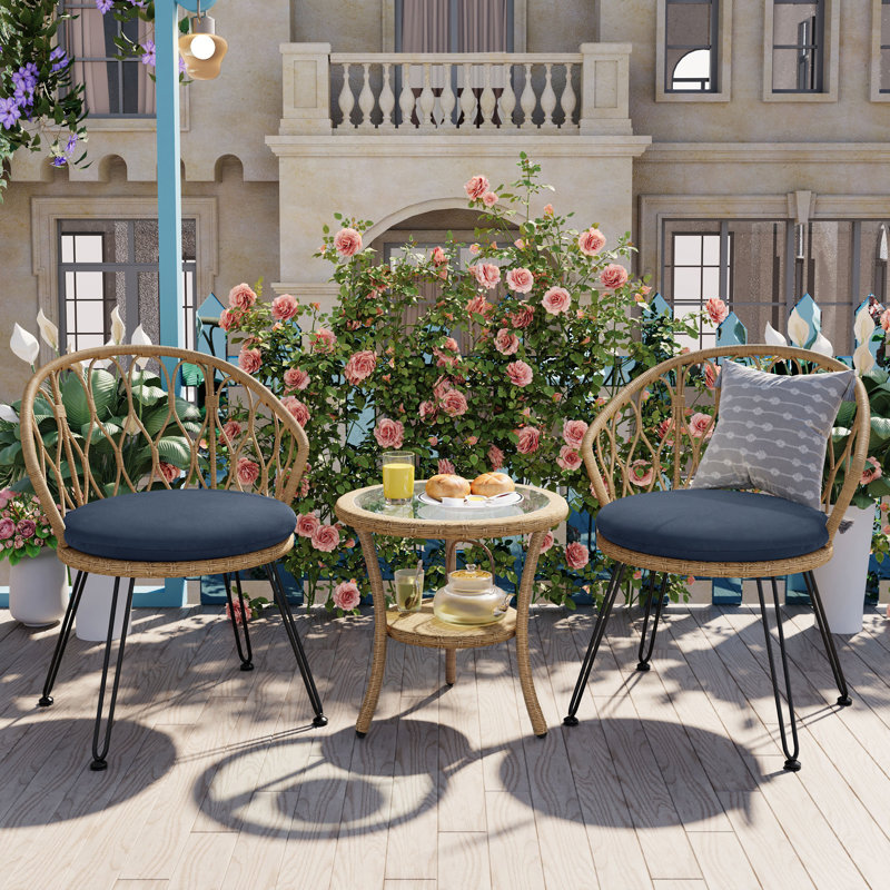 Outdoor Leisure Set with Rattan Chairs and Glass Table for Various Courtyards, Beige, Natural