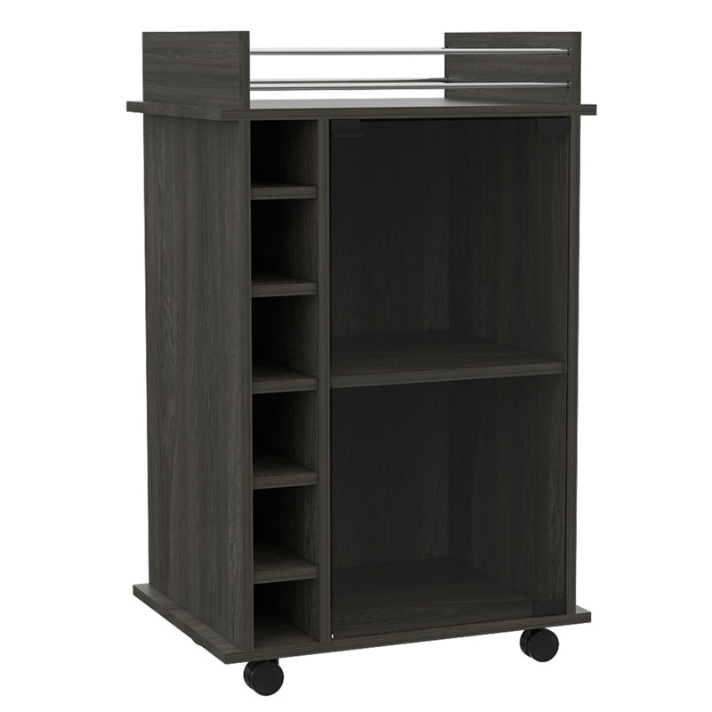 Chariot-bar, deux tablettes, six supports à vin intégrés, quatre roulettes