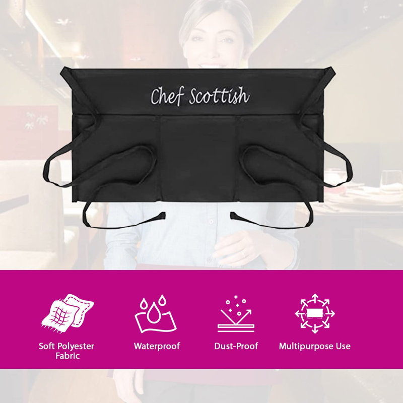 Personalized Server Aprons with 3 Pockets -Waist Apron with Name - Custom Half Apron, Yes, Black