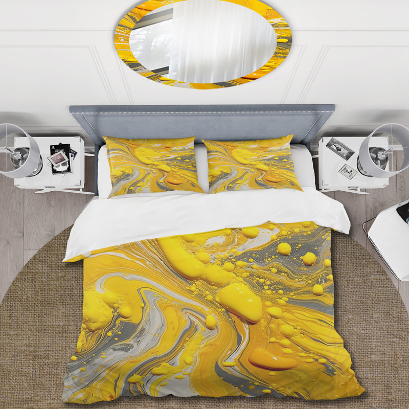 Ensemble de housse de couette abstrait jaune et gris Cosmic Vibations I - polyester microfibre