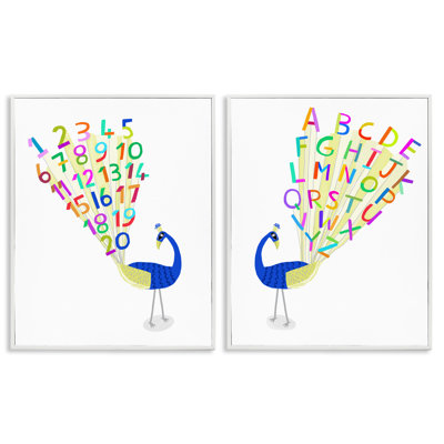 Peacock Alphabet Numbers 2 PC Framed Giclee Art Set by Carla Daly