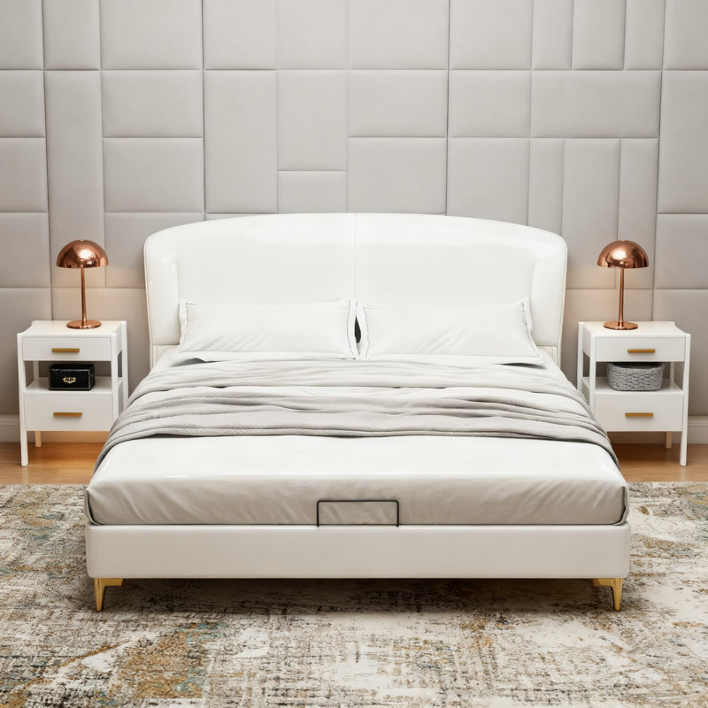 Table de chevet moderne avec 2 tiroirs et tablette ouverte, capteur à DEL intégré, poignées dorées, table de chevet avec beaucoup de rangement pour la chambre à coucher