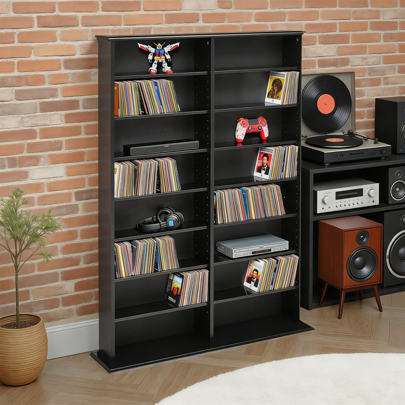 2 Column Display Cabinet, Media Storage, Double Width, Black