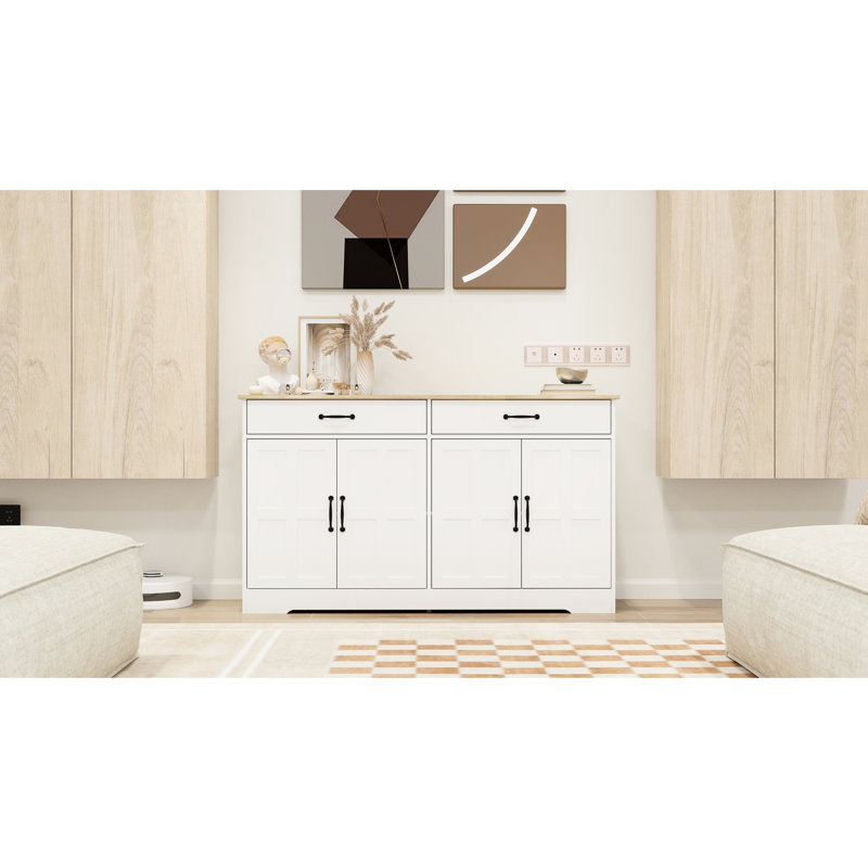 Buffet blanc avec 2 tiroirs et 4 portes, 57,15 po. Pour le salon. Armoire de fabrication fine, portes 57,15 po. Polyvalent et fiable