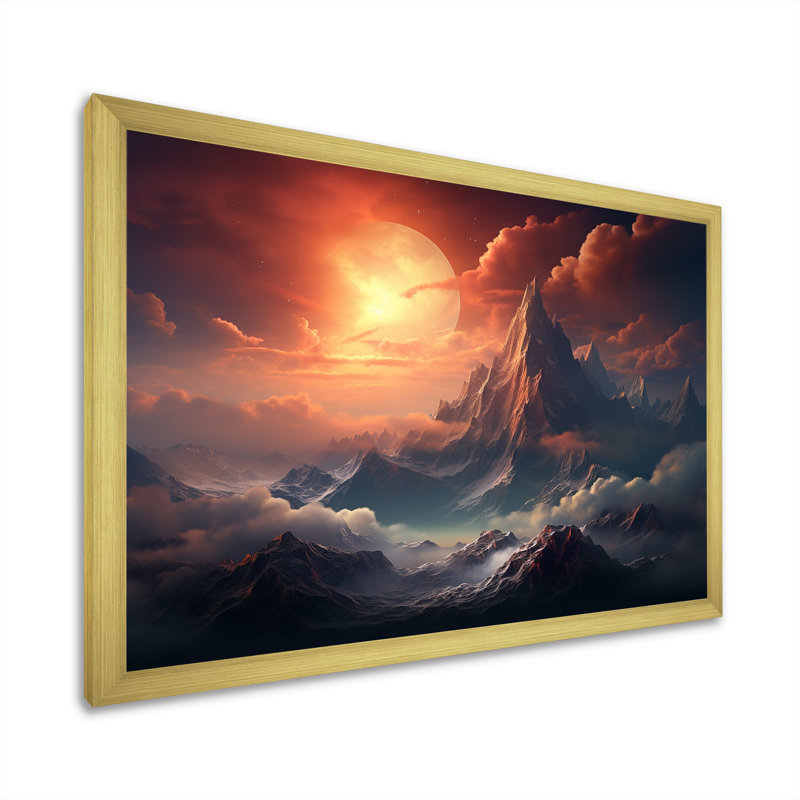 Paysage lunaire de montagne II - Art mural paysages spatiaux, Cadre doré à coins fermés, H 24 po x l 32 po x P 1 po