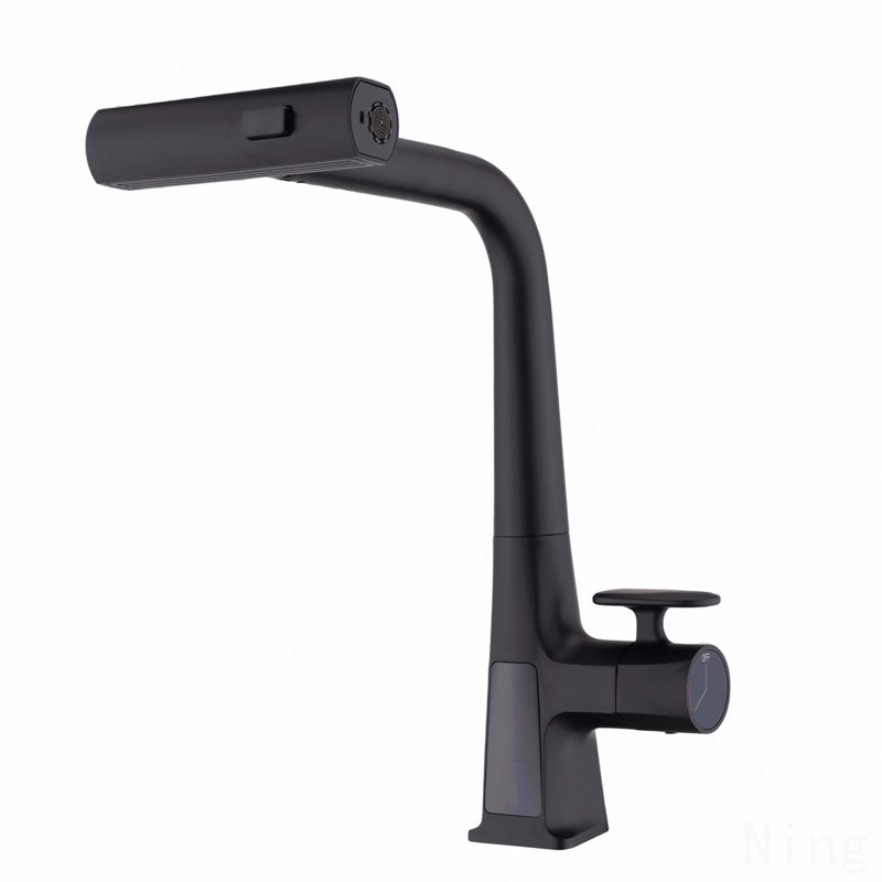 Robinet de cuisine cascade à poignée simple avec douchette rétractable et affichage de la température, 3 modes de sortie d'eau, moderne