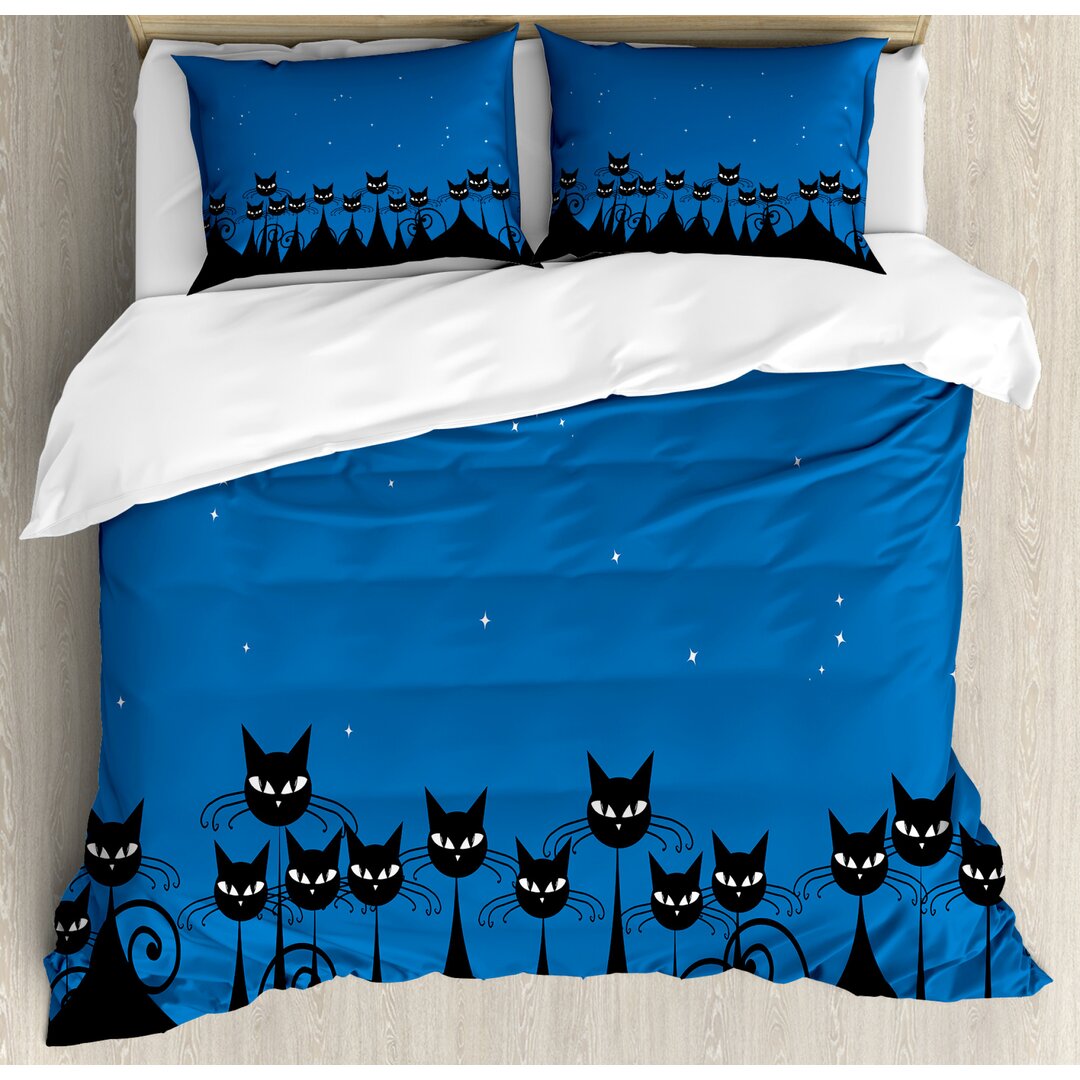 Bettbezug Set, Schwarze Katzen Sternenhimmel, Nacht, Blau Schwarz Weiß