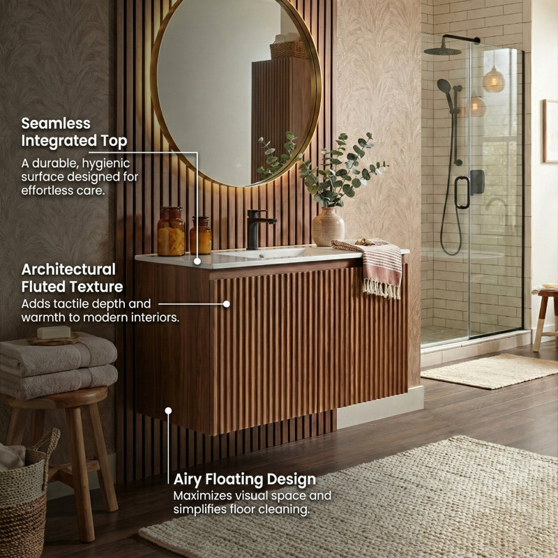30" Patented Folding Wall-Mounted Vanity With Ceramic Sink, 1-Minute Tool-Free Assembly & 3D Textured Cabinet (Walnut)