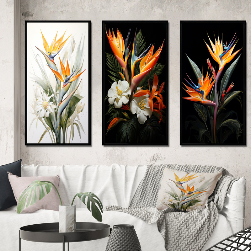 «Birds Of Paradise Paradise», 3 pièces, H 28 po x l 36 po, Cadre noir
