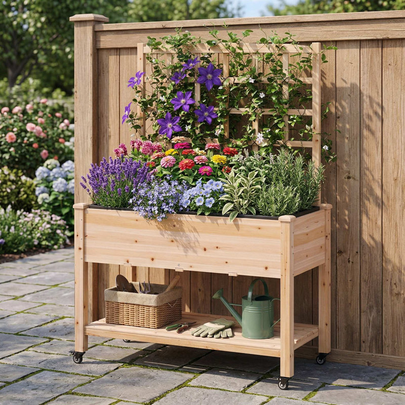 Weatherproof Natural Solid Fir Wood Mobile Raised Garden Bed Planter With 4 360° Swivel Lockable Wheels & Detachable Climbing Lattice Trellis