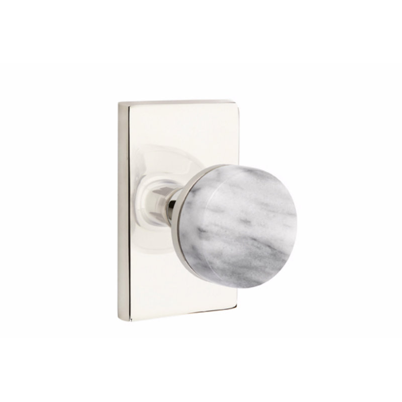 Ensemble de boutons de passage Emtek Select, rosette rectangulaire moderne, tige conique, poignée en marbre blanc, Dos plat