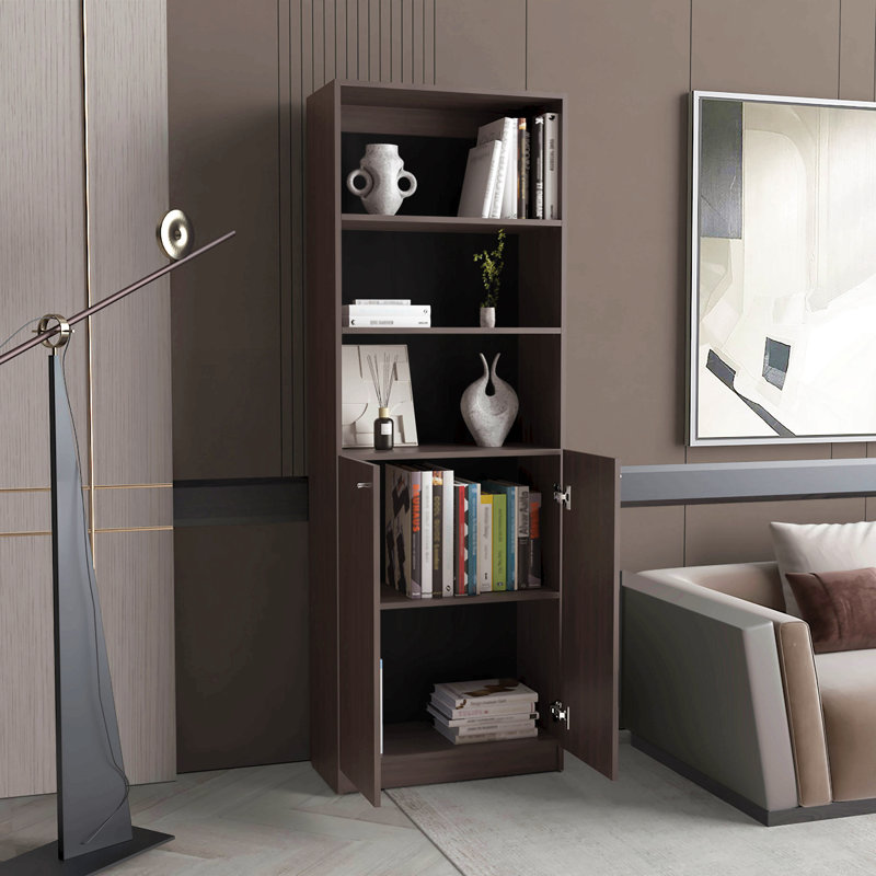Bibliothèque Home 2 portes avec deux tablettes ouvertes et rangement dissimulé, noyer teint