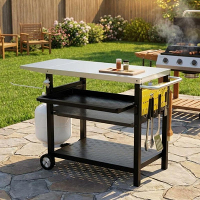 BBQ Trolley Food Prep Table, Stainless Steel Flattop Worktable with Side Table, 3-Tier BBQ Table Dining Carts with Wheels, Multifunctional Grilling Table