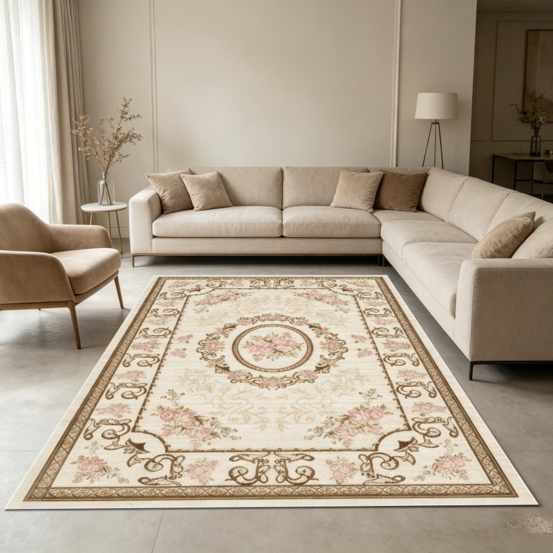 1PC Vintage European Pink Floral Medallion Scrollwork area rugs for Living Room, Soft and Comfortable, Suitable for all seasons, easy-to-maintain, machine washable Indoor floor mat, Under Table Farmhouse suitable for dining room, bedroom, entryway,