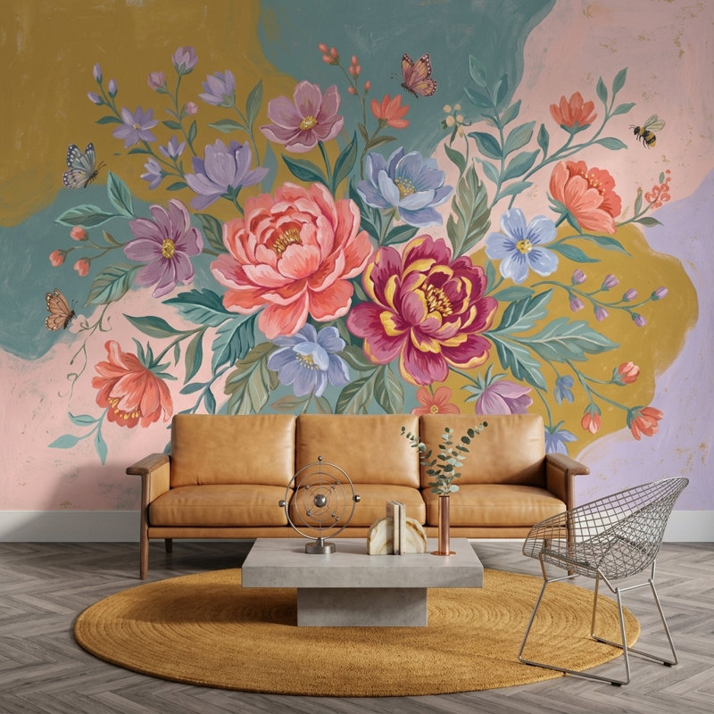 Papier peint floral Bouquet de pivoines à fond pastel amovible, 140 po x 108 po, Texturé non collé