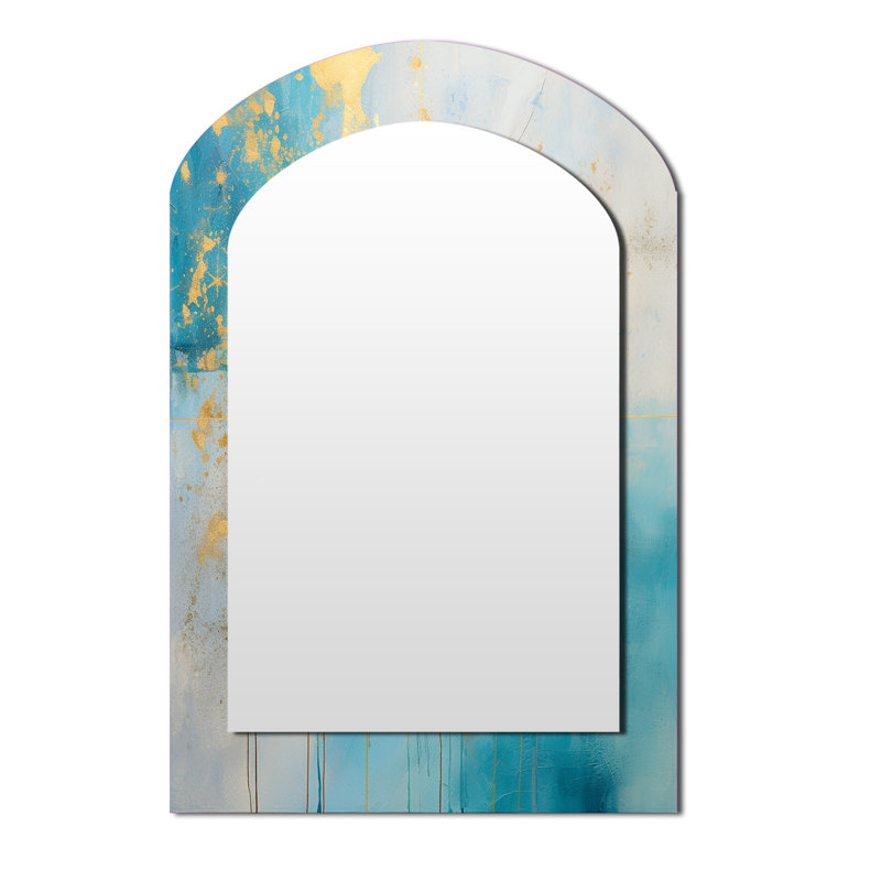 Divine Mandala Delicate Gold Gentle Turquoise V - Boho Mandala Arch Large Wall Mirror, Gold Asymmetrical Decorative Mirror, Printed Metal Art
