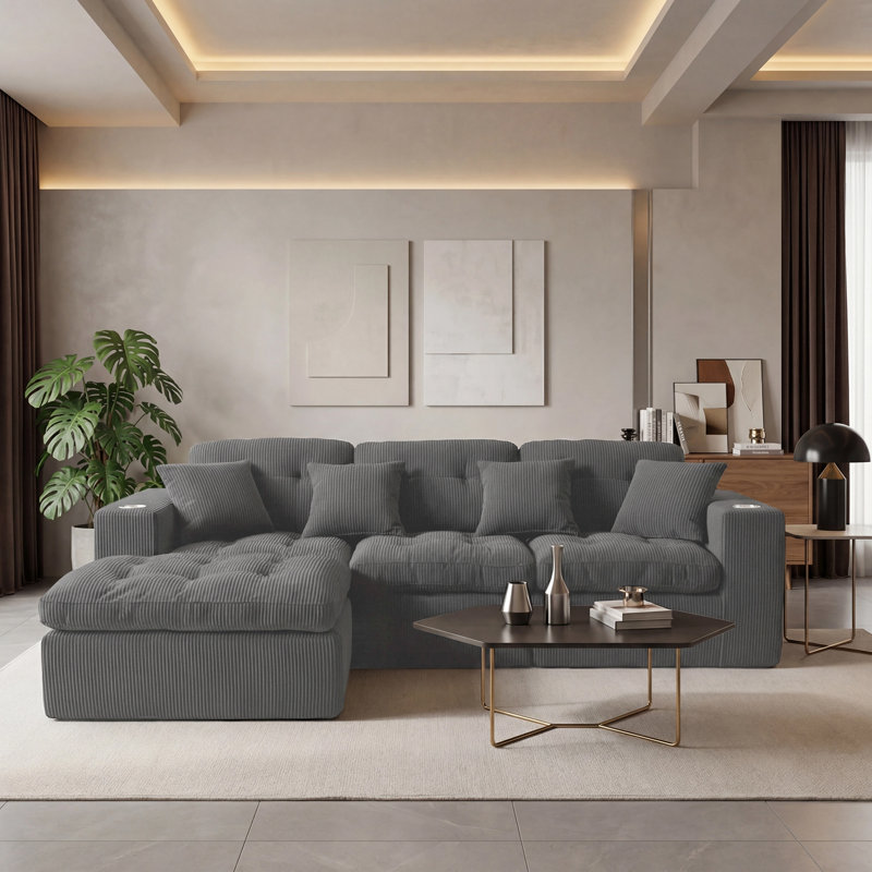 105" Reversible L-Shape Sectional Sofa with Ottoman & Pillows, Modern Soft Corduroy Upholstered Boneless Couch, Spacious Sofa for Living Room & Apartment
