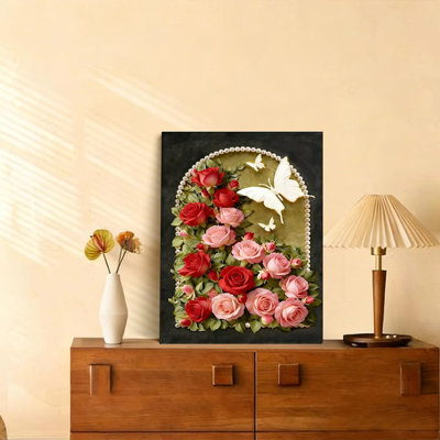 12x16 Inch Red and Pink Roses Floral Wall Art with Butterflies & Pearl Arch Frame Painting Gorgeous Flower Poster Romantic Girl's Room Wall Decor Home Picture Women Lovers' Bedroom Bathroom Photoes
