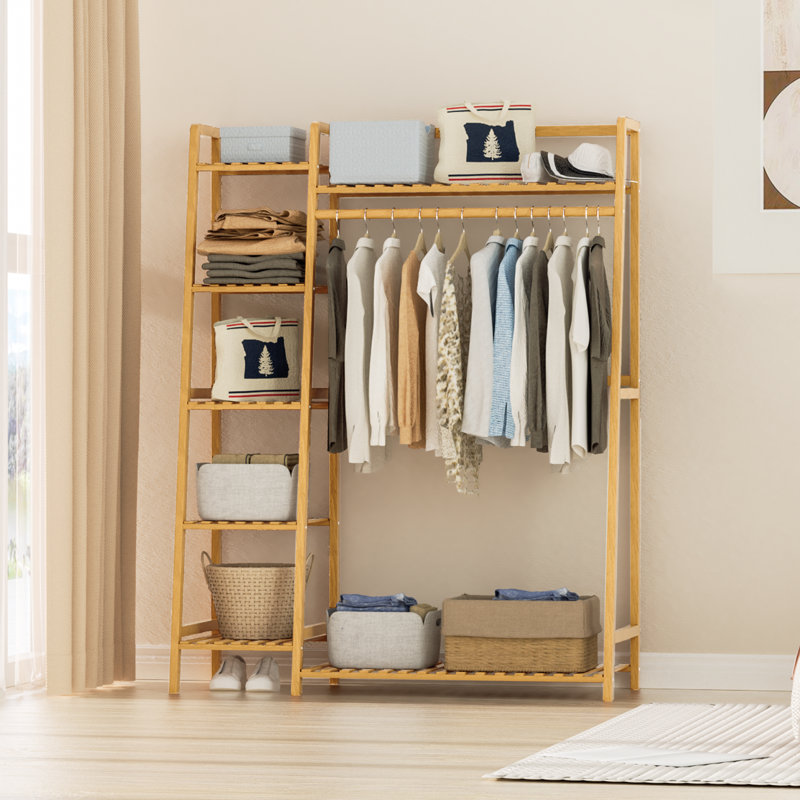 7-Tier Bamboo Trapezoid Coat Rack Open Closet Wardrobe Clothing Organizer with Hanging Rod