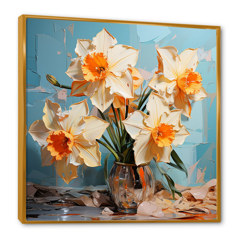 Jonquilles fleuries avec un pinceau féroce, H 36 po x l 36 po x P 1,5 po, Cadre flottant doré