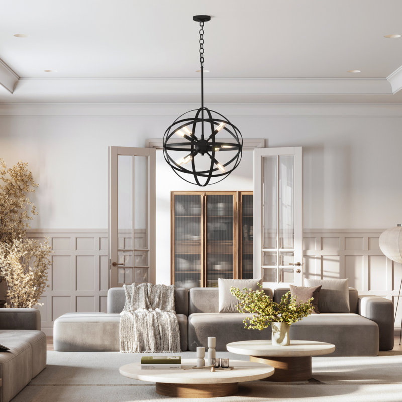 Kaston 9-Light 22” Wide Sphere Pendant Chandelier, Matte Black/Plated Gold