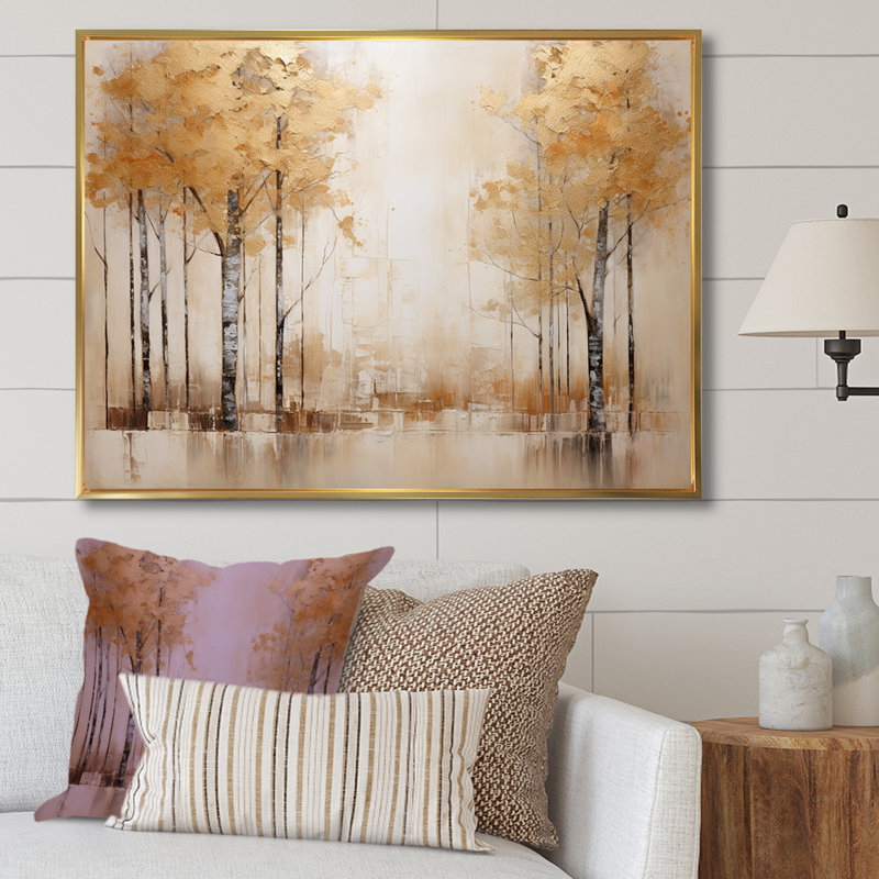 Minimalisme beige et forêt dorée sur toile, Cadre flottant doré, H 30 po x l 40 po