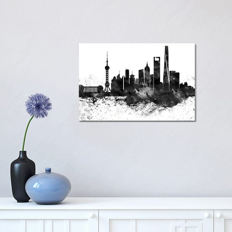 Shanghai Skyline Black & White, Drops by WallDecorAddict - Wrapped Canvas Painting, 30.48 cm H x 45.72 cm W