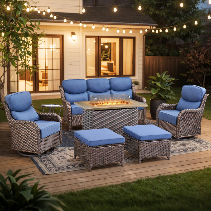 Ensemble de conversation d'extérieur 7 pièces Polygala avec table de foyer, canapé 3 places et fauteuils pivotants, coussins de 6 po d'épaisseur, osier en PE toutes saisons
