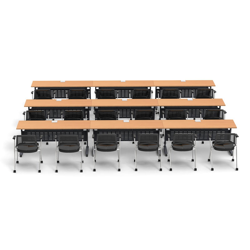 Tables Training Meeting Seminar Classroom 9Pc Beech Folding Industrial Caster Z-Base. Tables Connect.  Modesty Panel, Shelf, Power+Usb Outlet. Fold+Nest For Storage (Seating Not Included).