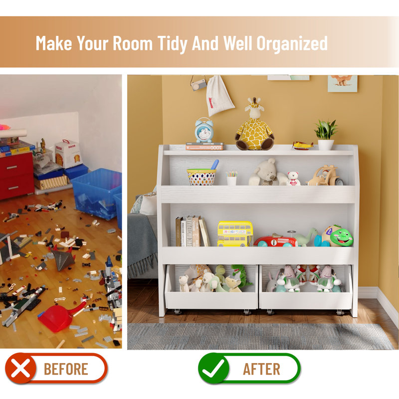 Toy Storge & Organizer Bookshelf With  Cubbies and  2 Movable Drawers, 2 Tier, 35.4"H x 40.2"W x 11.8"D