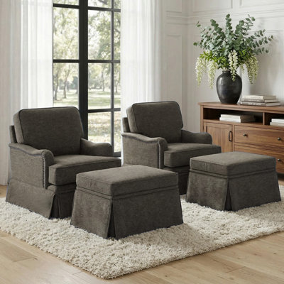 Upholstered Skirted Swivel Accent Chair with Storage Ottoman (Set of 2)