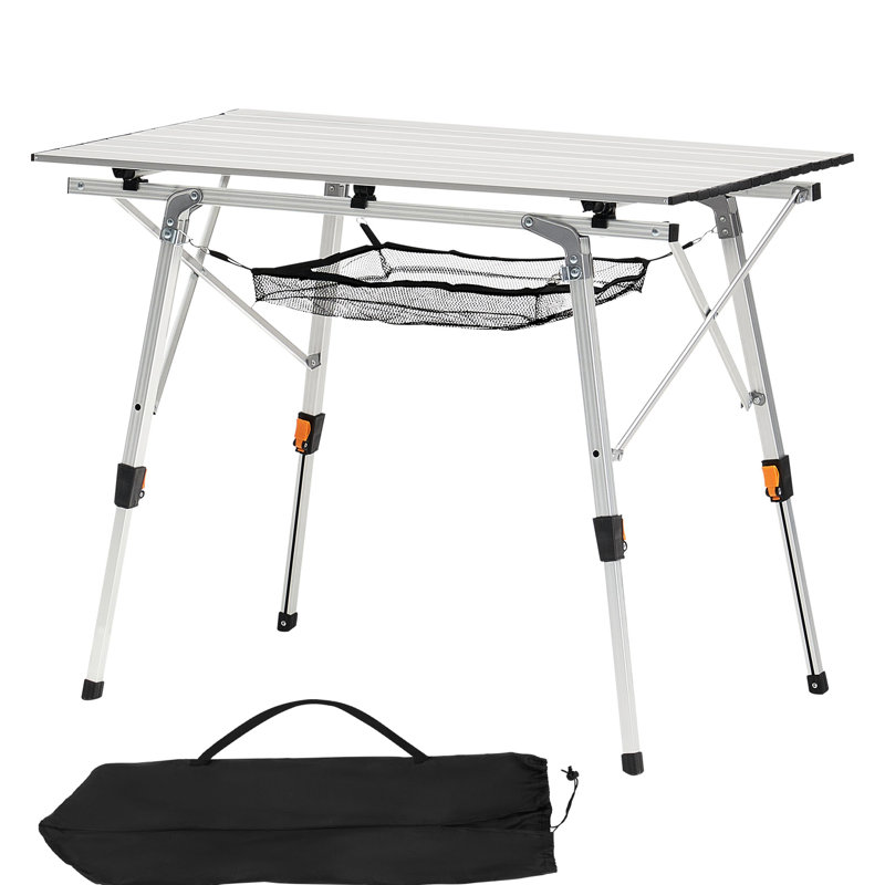 Table de camping pliante portative en aluminium argenté, plateau de table en filet de 35,4 pouces de large, hauteur réglable, structure en acier stable, compact pour le rangement dans le garage
