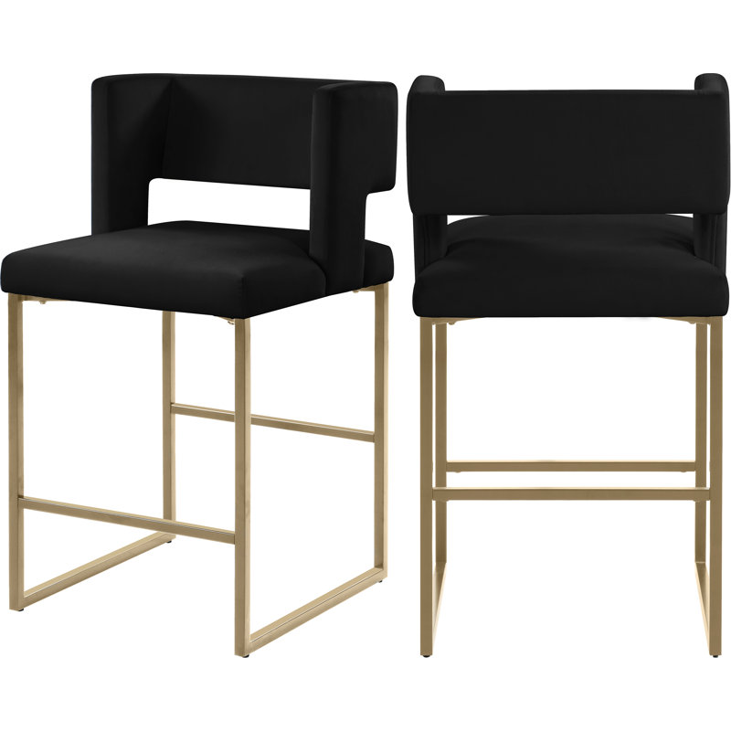 Caleb 26" Counter Stool, Black Velvet, Brushed Gold