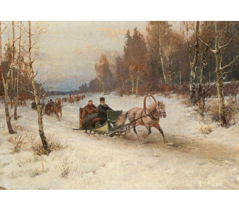 «Sleigh Ride in Winter» par Rudolf Fedorovich Frentz, reproduction d'art sur toile tendue, H 48 po x l 33 po
