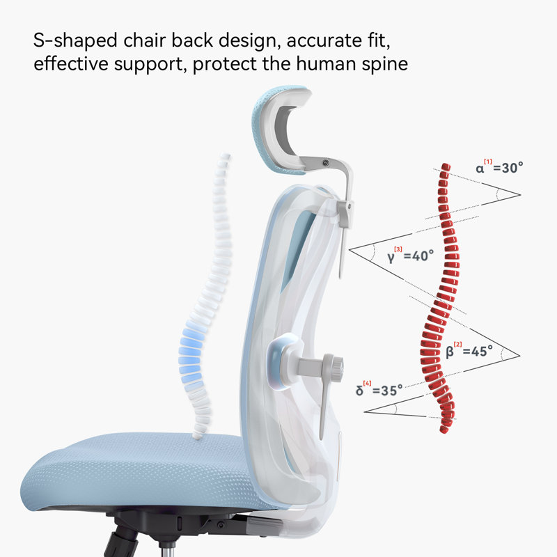  Chaise de bureau ergonomique en filet avec support lombaire réglable et accoudoirs rembourrés pour 300 lb, Bleu