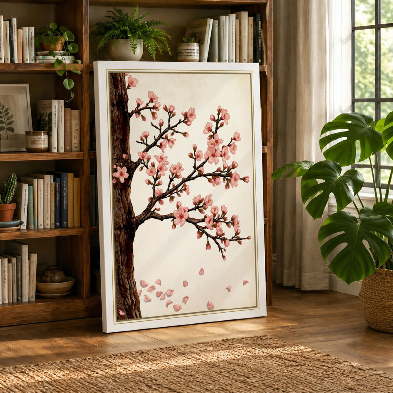 Cherry Blossom Branch Japandi - Wrapped Canvas, 30x20 - 76.2 x 50.8 cm, Cream Border