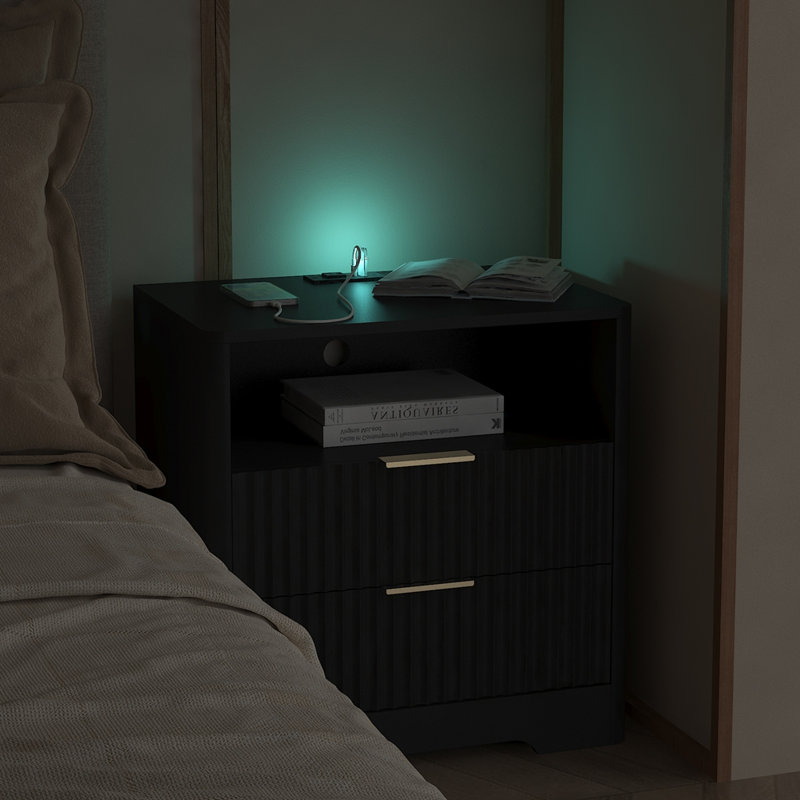 Table de chevet intelligente avec lumières DEL, Noir, noir, noir, noir