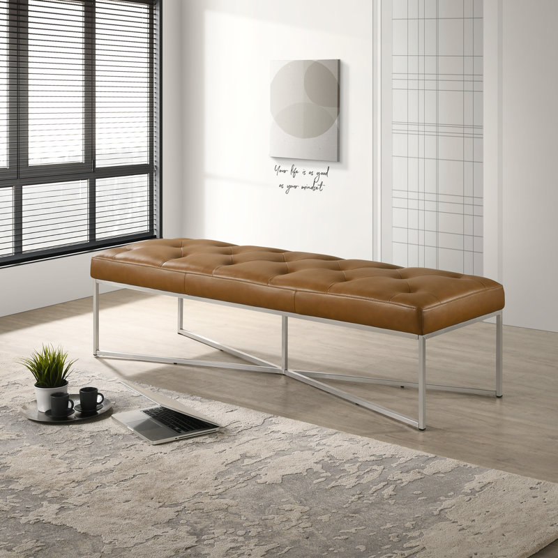 Banc en cuir véritable brun clair touffeté à la main de style Mid-Century de 60 po avec structure en métal Sitori