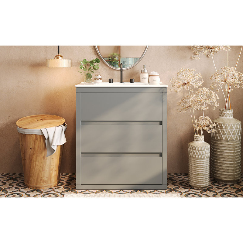 Meuble-lavabo 30 po avec lavabo en céramique et 2 tiroirs pleine extension, meuble-lavabo autoportant avec poignée libre à 45 °, glissières de tiroir à fermeture en douceur