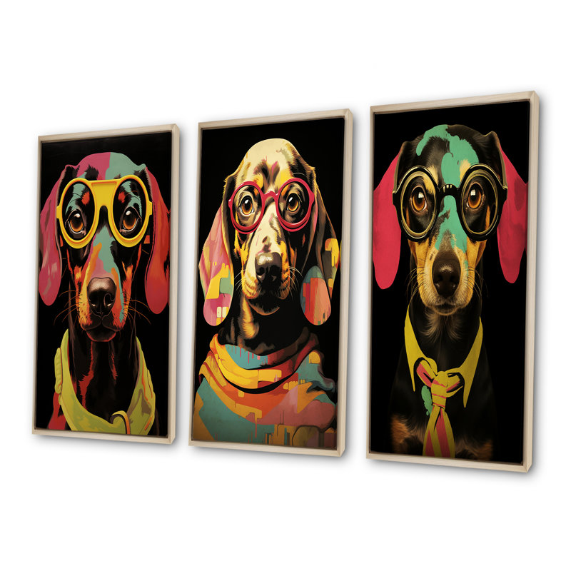 Curious Popart Daschund Dog I - Ensemble de 3 décorations murales chien Daschund, Cadre flottant brun, H 40 po x l 60 po