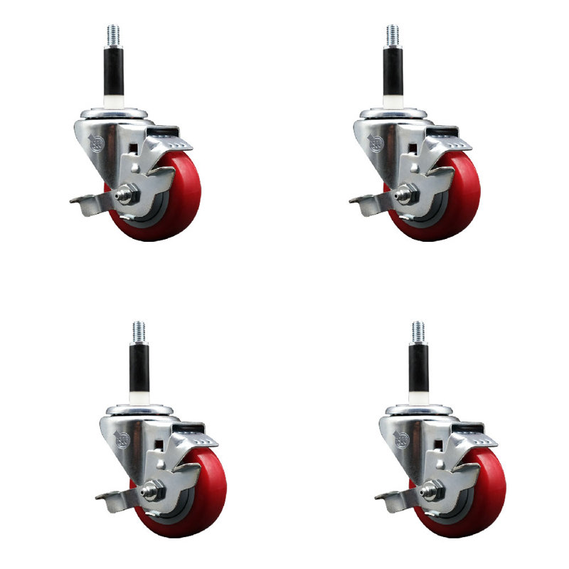 Ensemble de roulettes extensibles pivotantes en poly 3 po 7/8 po rouge avec frein SCC