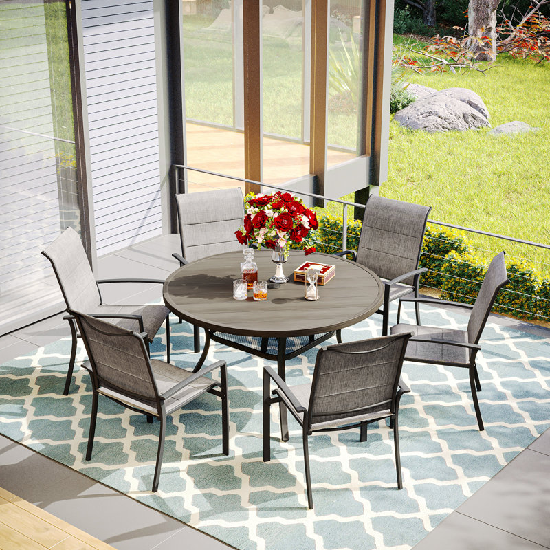 Dilia 6 - Person Patio Dining Set with Round Table, Brush Wood Gray/Gray