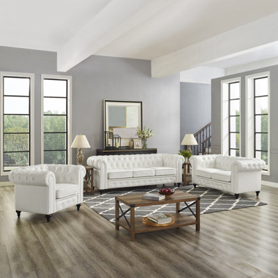 Ensemble de canapé Chesterfield 3 pièces en cuir Arlisa - canapé, fauteuil et causeuse capitonnée